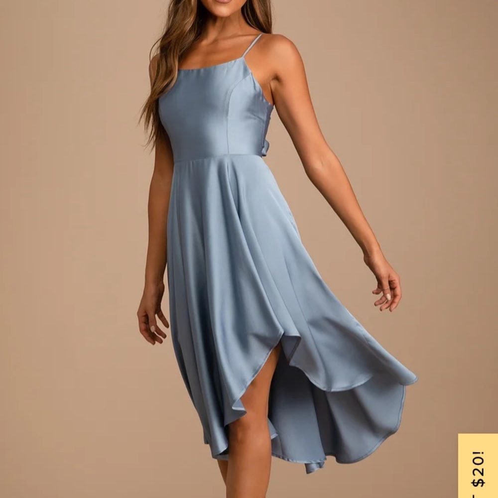 Days Like Today Blue Satin Asymmetrical Tie-Back Midi Dress Size Small